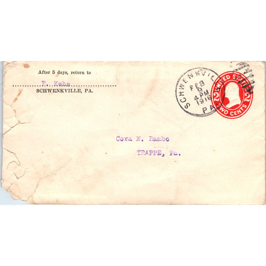 1916 F. Kehs Schwenksville to Cora K. Rambo Trappe Postal Cover Envelope TG7-PC2