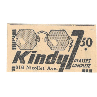 Kindy Glasses Nicollet Ave 1935 Minneapolis Journal Advertisement AE7-H3