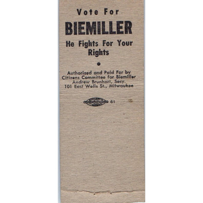 Arthur Biemiller for Congress Democrat WI Vintage Matchbook Cover SF4-Y5