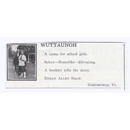 Wuttaunoh Girls Camp Ethan Allen Shaw Northfield VA c1918 Advertisement AE5-SA2