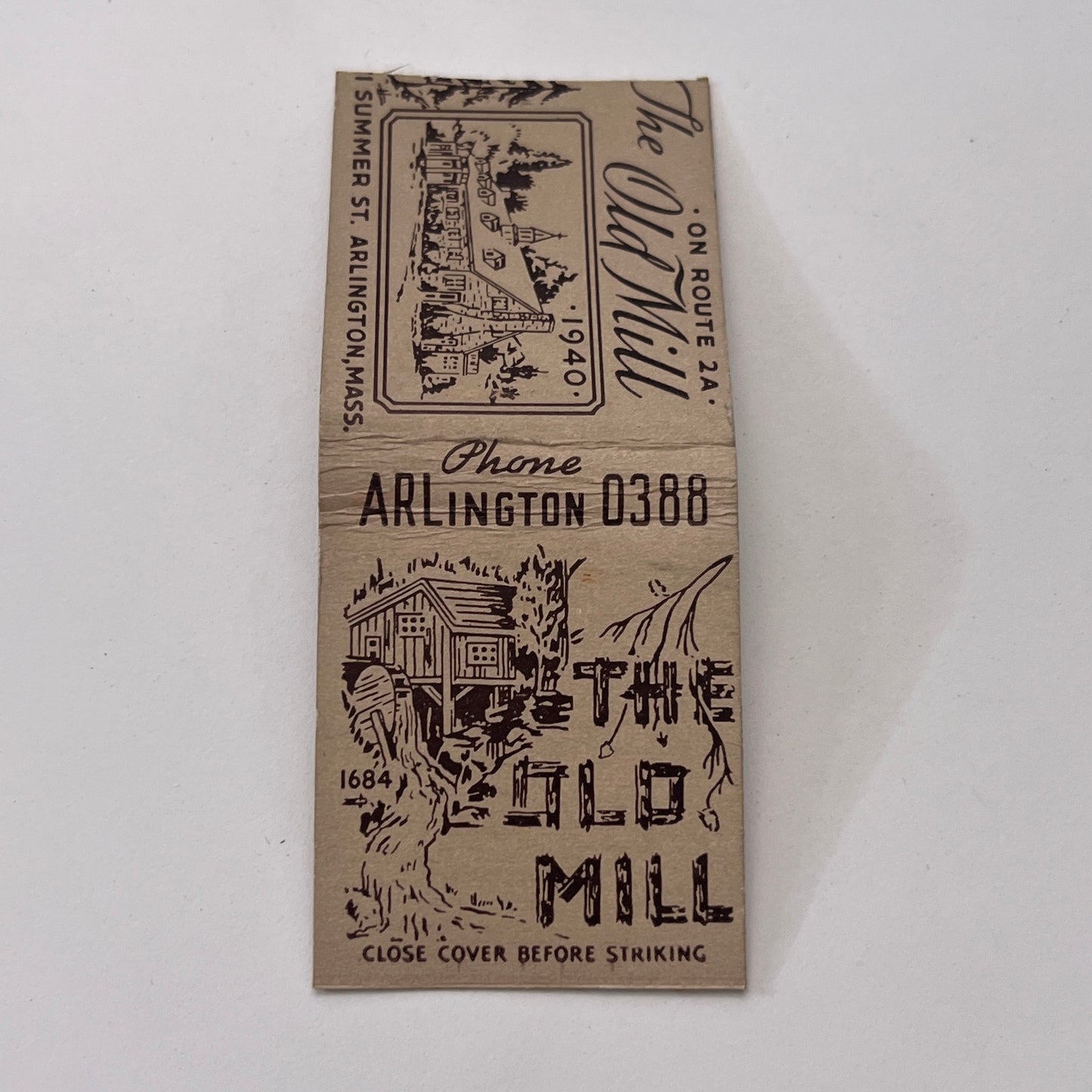 The Old Mill Restaurant Arlington MA Vintage Matchbook Cover TB8-MB-12