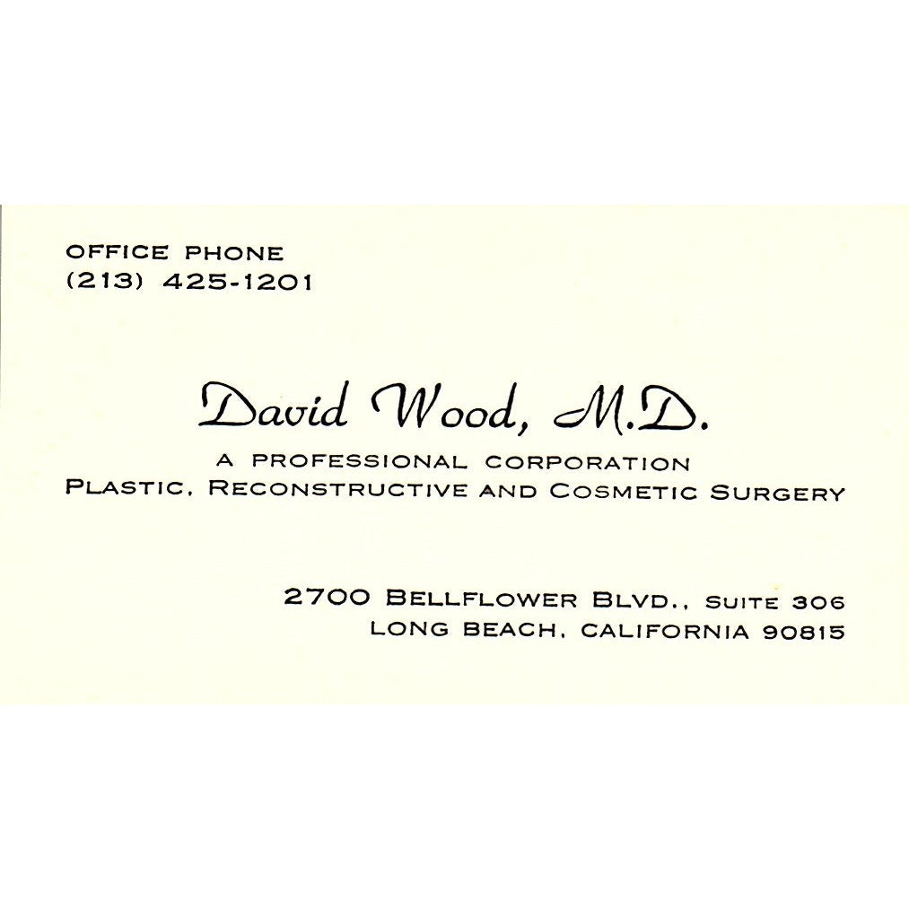David Wood, Plastic Surgery Long Beach CA Vintage Business Card SF3-B7