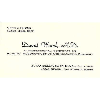 David Wood, Plastic Surgery Long Beach CA Vintage Business Card SF3-B7