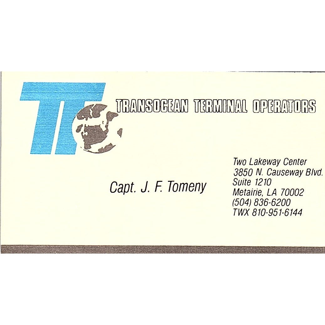 Capt J.F. Tomeny Transocean Terminal Operators Metairie LA Business Card SD9-B9