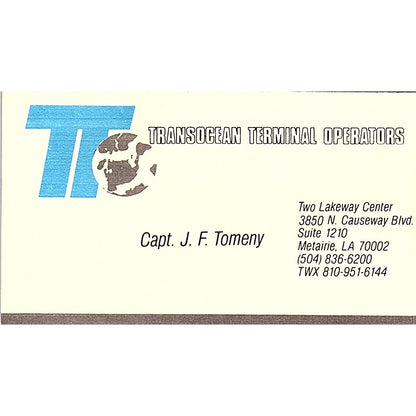 Capt J.F. Tomeny Transocean Terminal Operators Metairie LA Business Card SD9-B9