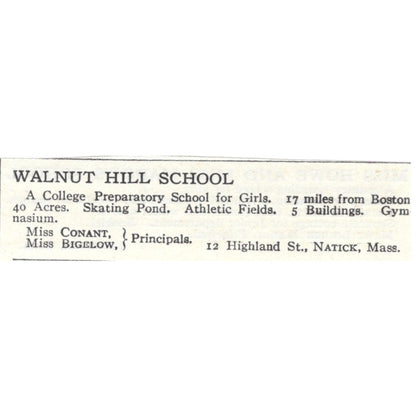 Walnut Hill School Natick MA Ms Conant Ms Bigelow c1920 Harper’s Ad AG4-S2