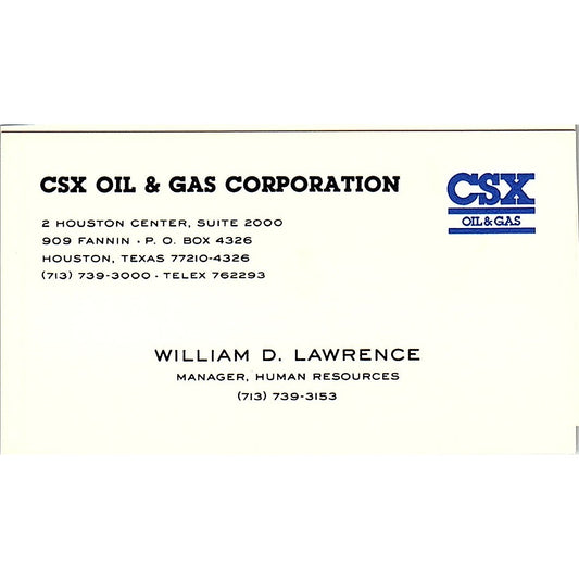 William D Lawrence CSX Oil & Gas Corp Houston Vintage Business Card SC9-B1