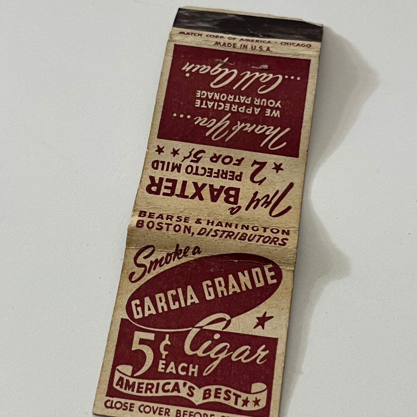 Garcia Grande Baxter Perfecto Mild Cigars Vintage Matchbook Cover TB6-MB1-12