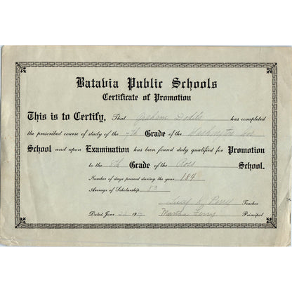 1917 Batavia Public Schools Certificate of Promotion Graham Dodds AE6