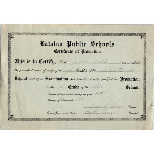 1917 Batavia Public Schools Certificate of Promotion Graham Dodds AE6