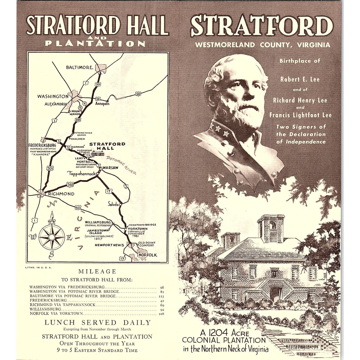 Stratford Colonial Plantation Westmoreland County VA Vtg Travel Brochure TH2-TB5