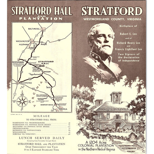 Stratford Colonial Plantation Westmoreland County VA Vtg Travel Brochure TH2-TB5