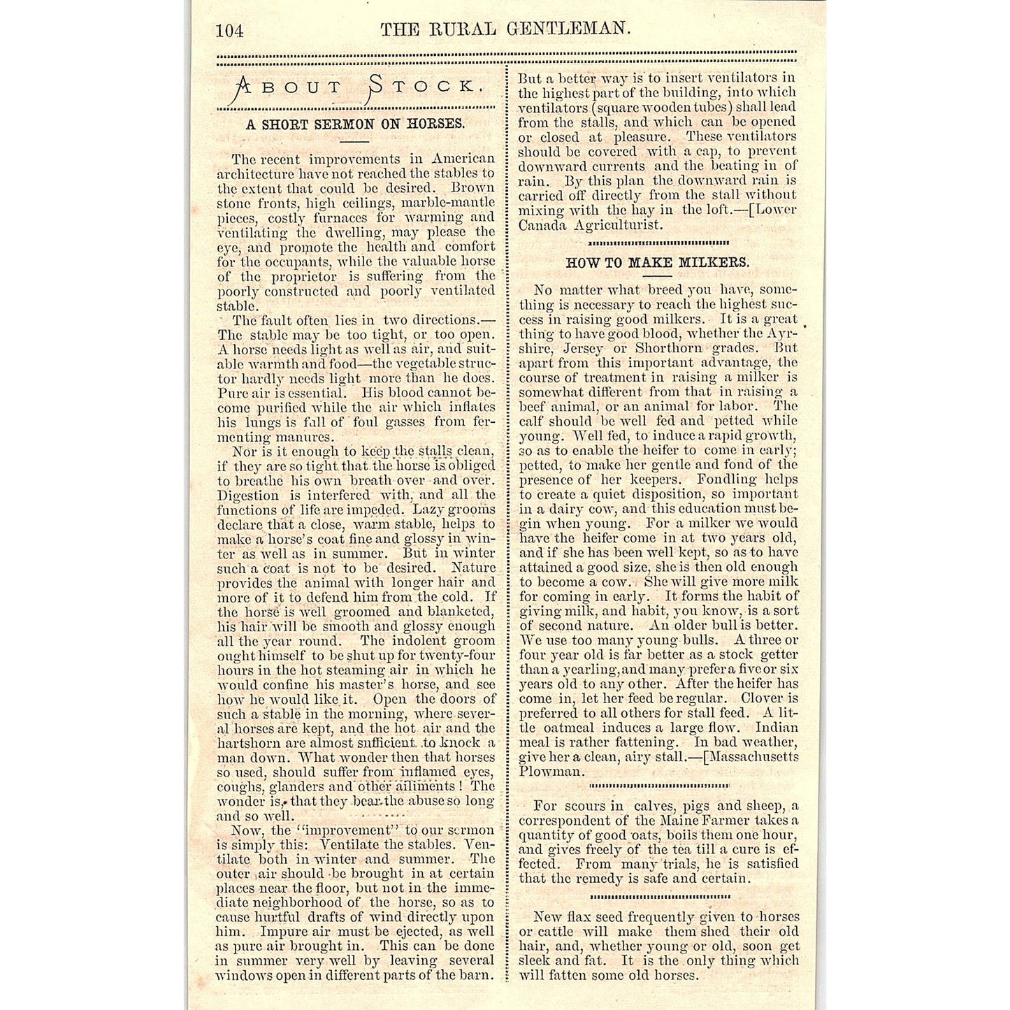 A Short Sermon on Horses - Lower Canada Agriculturist 1867 Article AG9-5