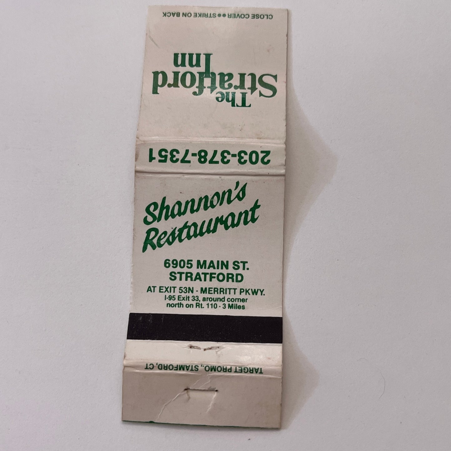 Shannon's Restaurant The Stratford Inn CT Vintage Matchbook Cover TB6-MB1-10