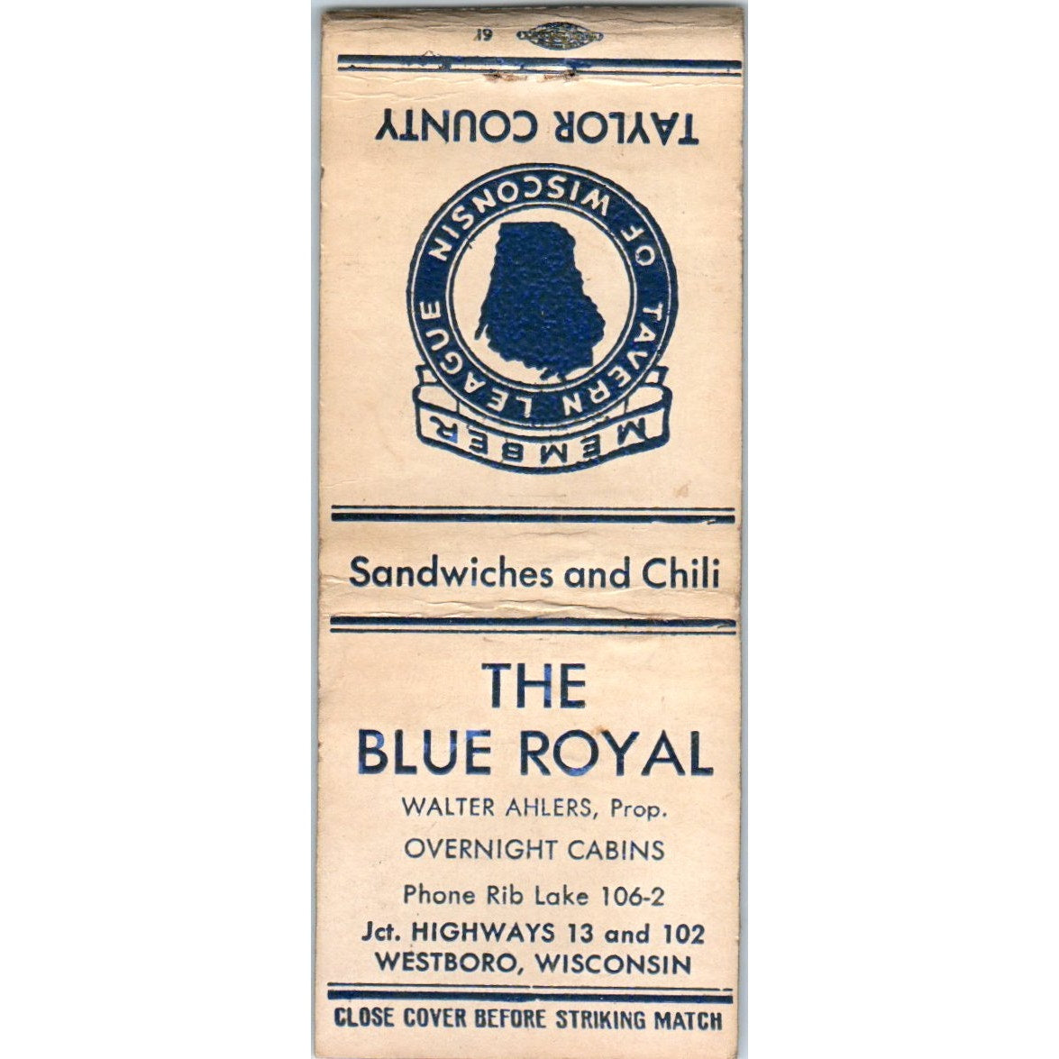 The Blue Royal Cabins Walter Ahlers Westboro WI Vintage Matchbook Cover SD2-Y9