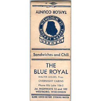 The Blue Royal Cabins Walter Ahlers Westboro WI Vintage Matchbook Cover SD2-Y9