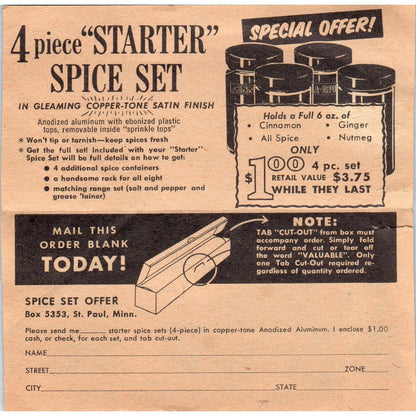 1958 Rap-In-Wax Paper Company Spice Starter Set Mail In Offer Advertisement AE2