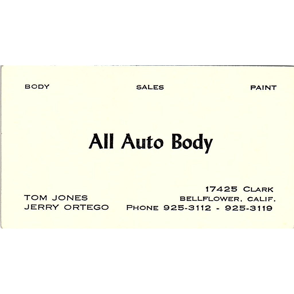 Tom Jones Jerry Ortego All Auto Body Bellflower CA Vintage Business Card SE3-B14