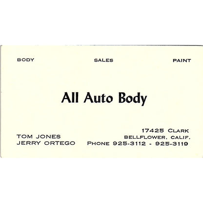 Tom Jones Jerry Ortego All Auto Body Bellflower CA Vintage Business Card SE3-B14