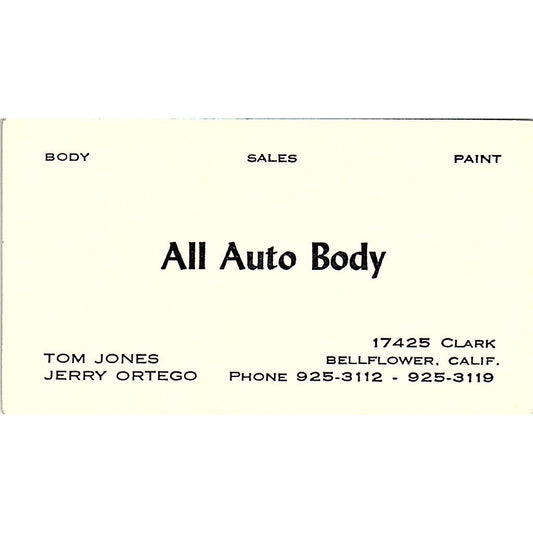 Tom Jones Jerry Ortego All Auto Body Bellflower CA Vintage Business Card SE3-B14