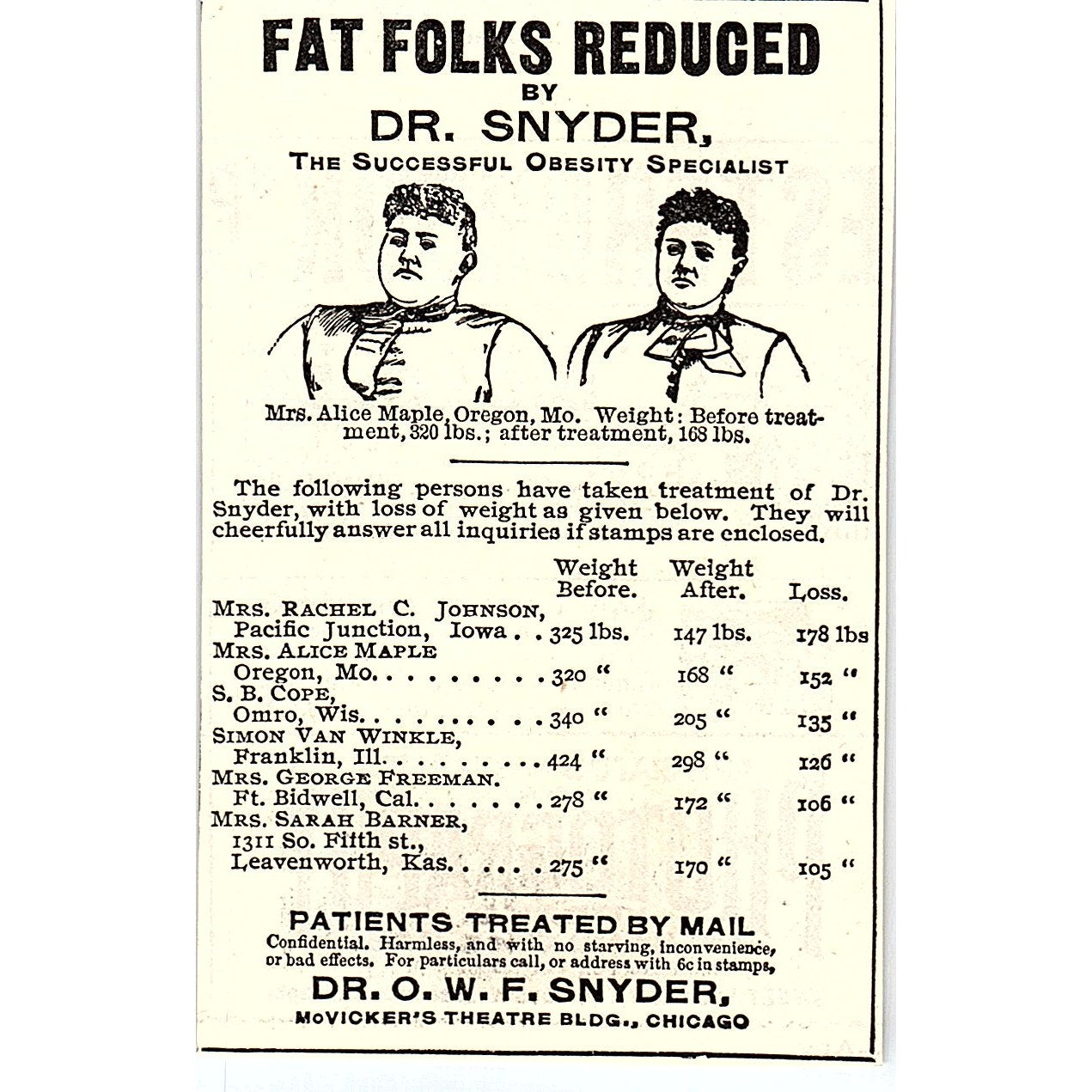 Fat Folks Reduced by Dr. OF Snyder McVicker Theatre Bldg Chicago 1892 Ad AG2-M11