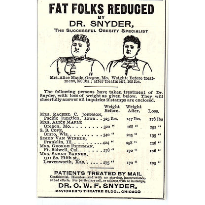 Fat Folks Reduced by Dr. OF Snyder McVicker Theatre Bldg Chicago 1892 Ad AG2-M11