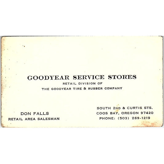 Don Falls Goodyear Tire Service Coos Bay OR Vintage Business Card SE3-B13