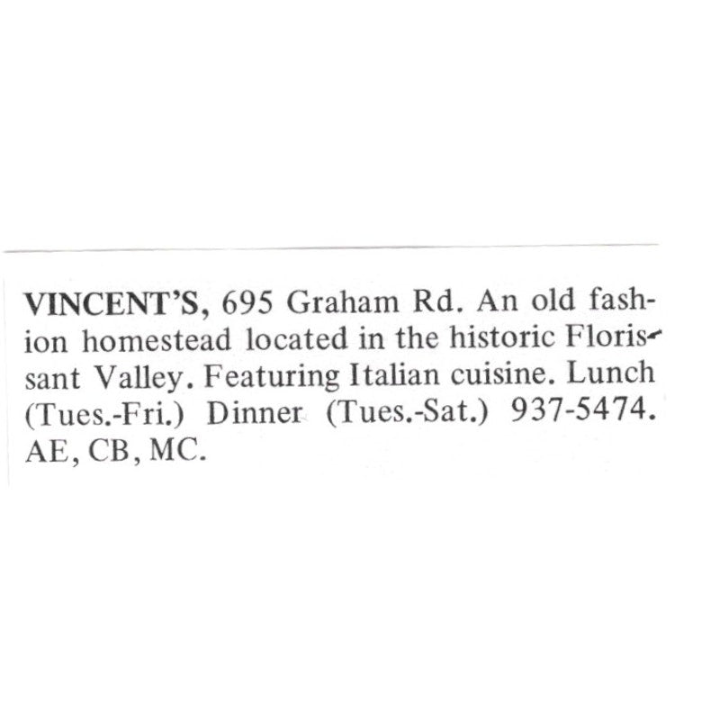 Vincent's Old Fashioned Homestead Restaurant St. Louis 1971 Magazine Ad AD8-O1