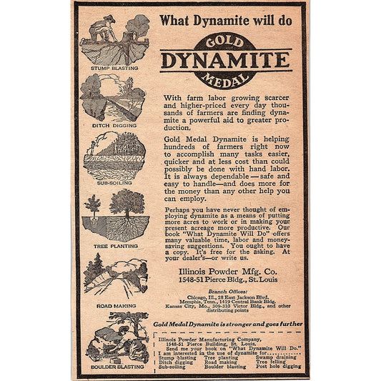 Gold Medal Dynamite Illinois Powder Mfg Co St. Louis MO 1920 Ad AG2-6