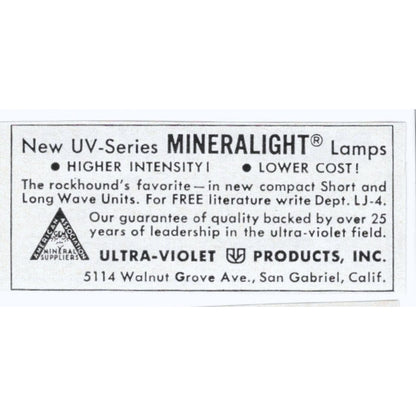 Mineralight Lapidary Lamps Ultra-Violet Products San Gabriel CA 1964 Ad AK6-S9