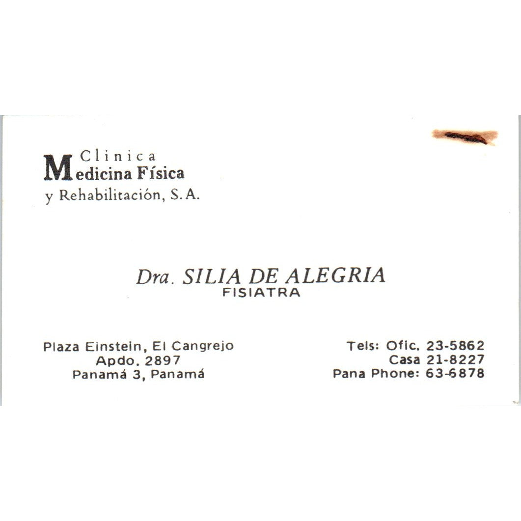 Clinica Medicina Fisica Dra. Silia De Alegria Panama Vtg Business Card SD8-B17