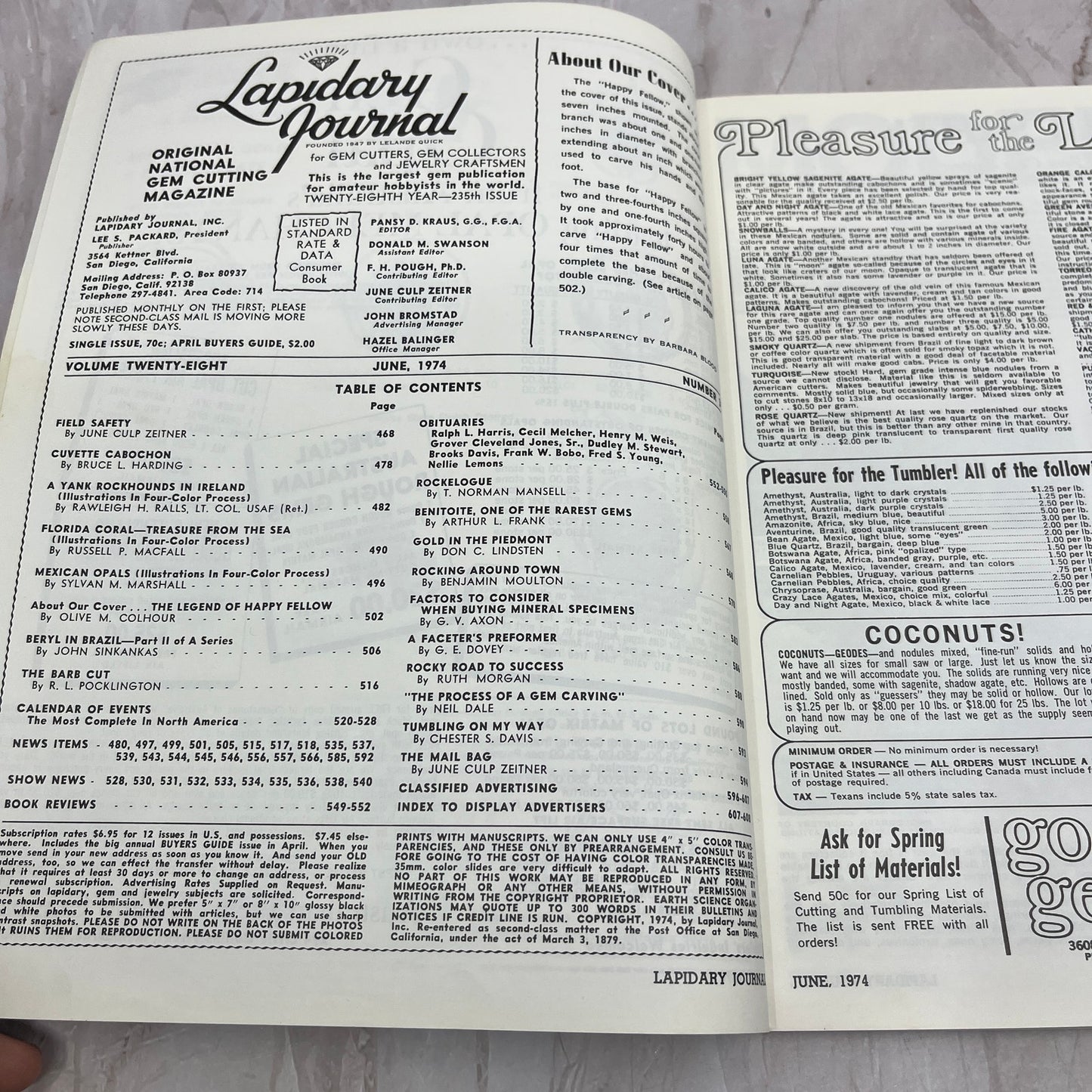 Happy Fellow Olive M. Colhour - Lapidary Journal Magazine - Jun 1974 M25