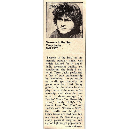 Terry Jacks Seasons in the Sun Review Ken Barnes 2x5 1974 Ad AF6-18