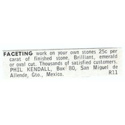 Phil Kendall Lapidary Faceting San Miguel de Allende Gto Mexico 1964 Ad AB6-LJS6