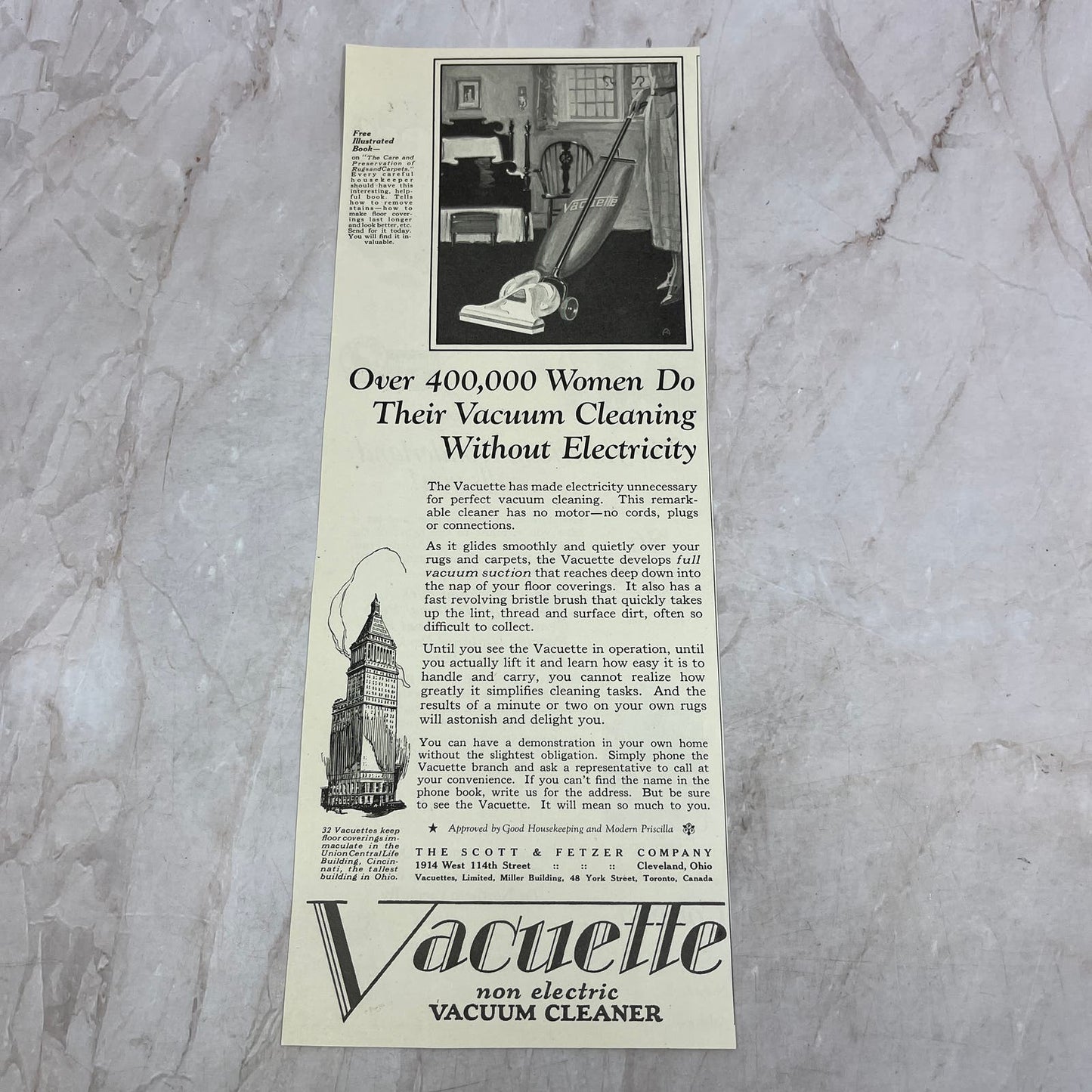 Vacuette Non-Electric Vacuum Cleaner Cleveland OH 1924 Magazine Ad FL6-11