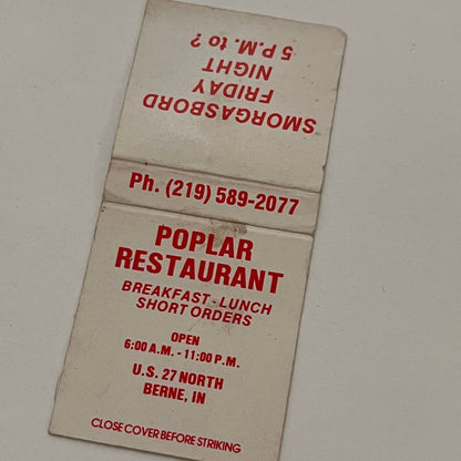 Poplar Restaurant Smorgasbord Berne IN Vintage Matchbook MB59-1