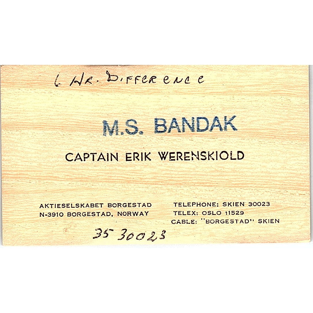 M S Bandex Captain Erik Werenskiold Borgestad  Vintage Business Card SB4-B11