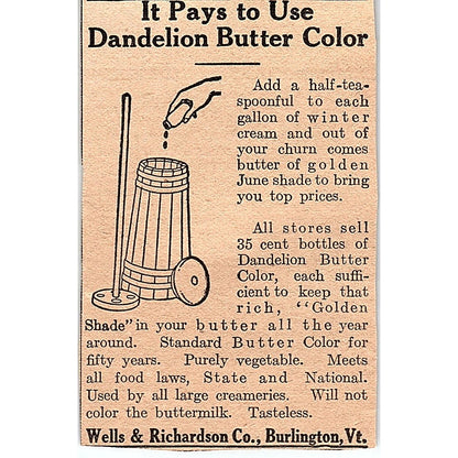 Dandelion Butter Color Wells & Richardson Co Burlington VT 1920 Ad AG2-M2