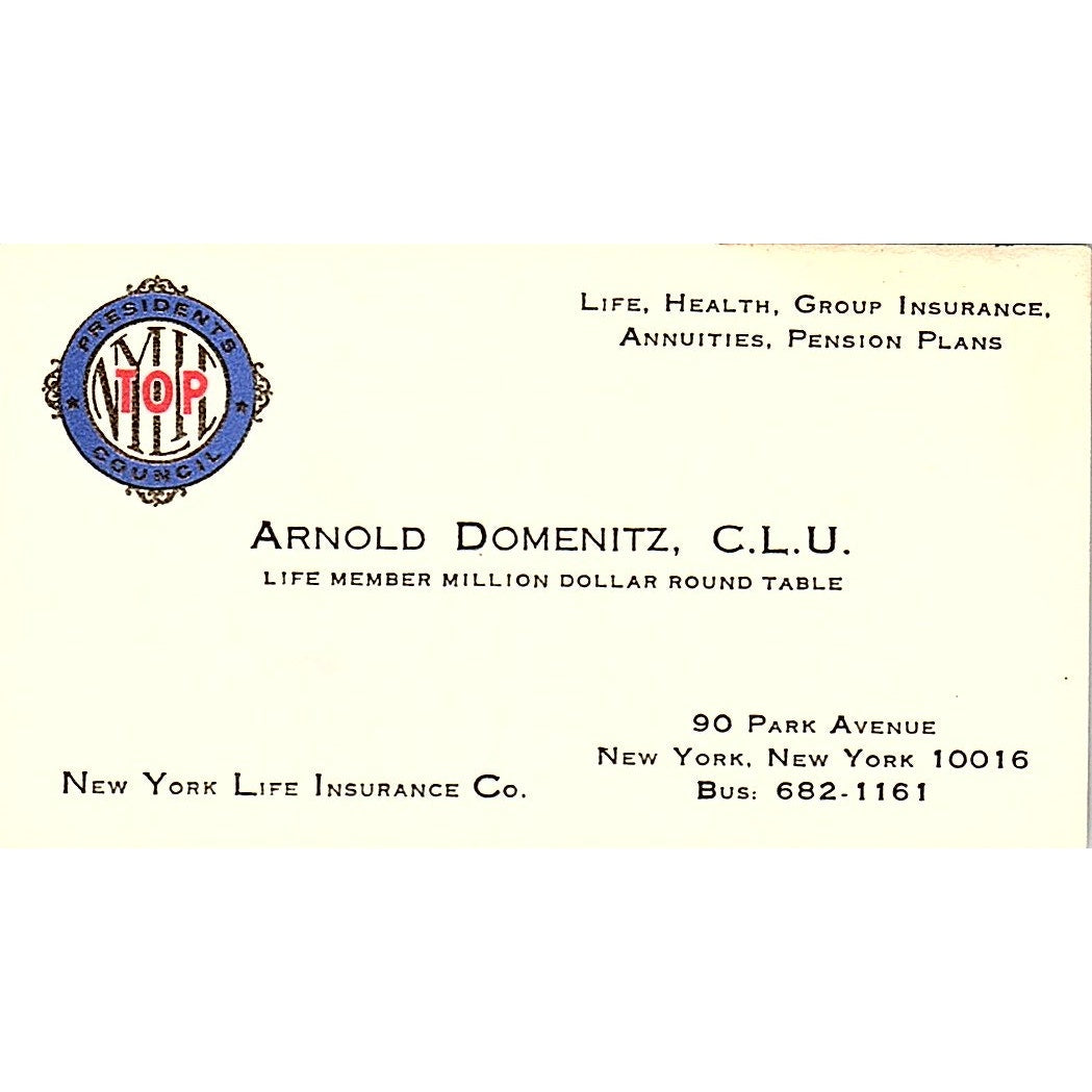 Arnold Domenitz CLU New York Life Ins Co Vintage Business Card SD9-B9