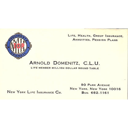 Arnold Domenitz CLU New York Life Ins Co Vintage Business Card SD9-B9