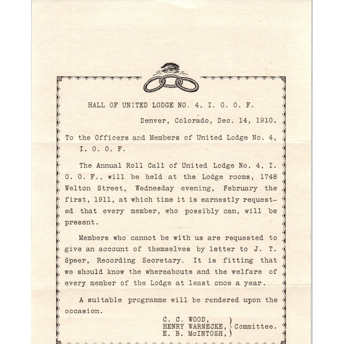 1910 Lodge No. 4.I.O.O.F. Denver CO Odd Fellows Annual Roll Call Flyer AD8-R7