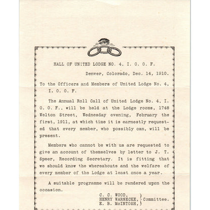 1910 Lodge No. 4.I.O.O.F. Denver CO Odd Fellows Annual Roll Call Flyer AD8-R7