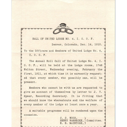 1910 Lodge No. 4.I.O.O.F. Denver CO Odd Fellows Annual Roll Call Flyer AD8-R7
