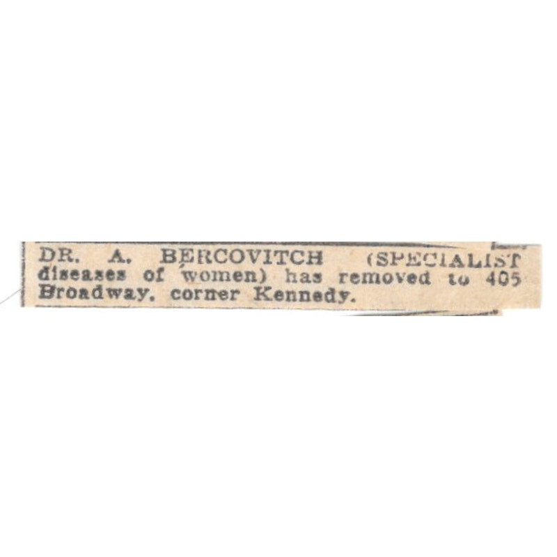 Dr A Bercovitch Women's Disease Specialist Winnipeg 1920 Ad AG2-S13