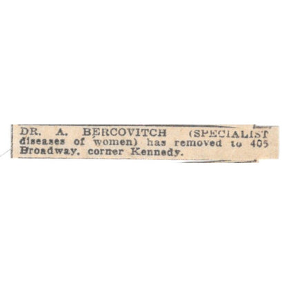 Dr A Bercovitch Women's Disease Specialist Winnipeg 1920 Ad AG2-S13