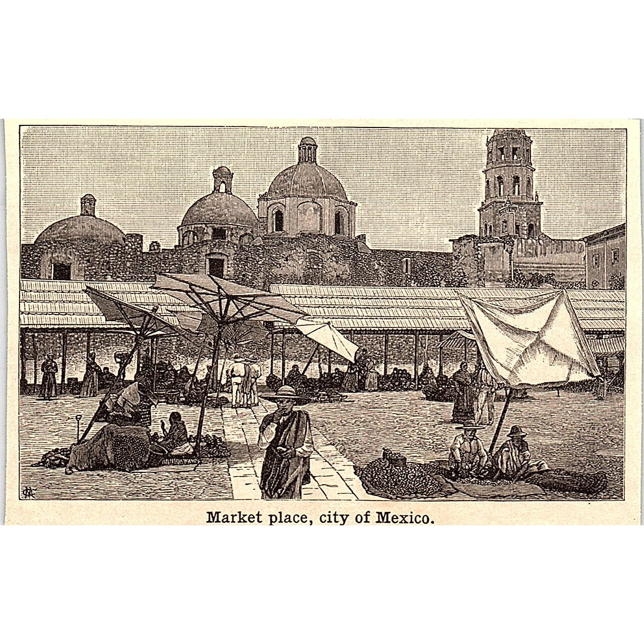 Market Place in Mexico City 3x4" 1901 Engraving AF6-M13