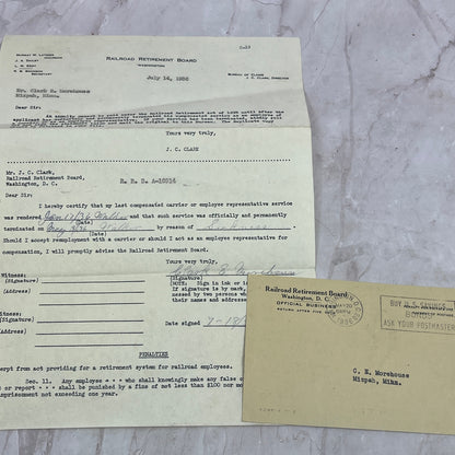 1937 Railroad Retirement Board Papers Clark E. Morehouse Mizpah MN TA9-E1