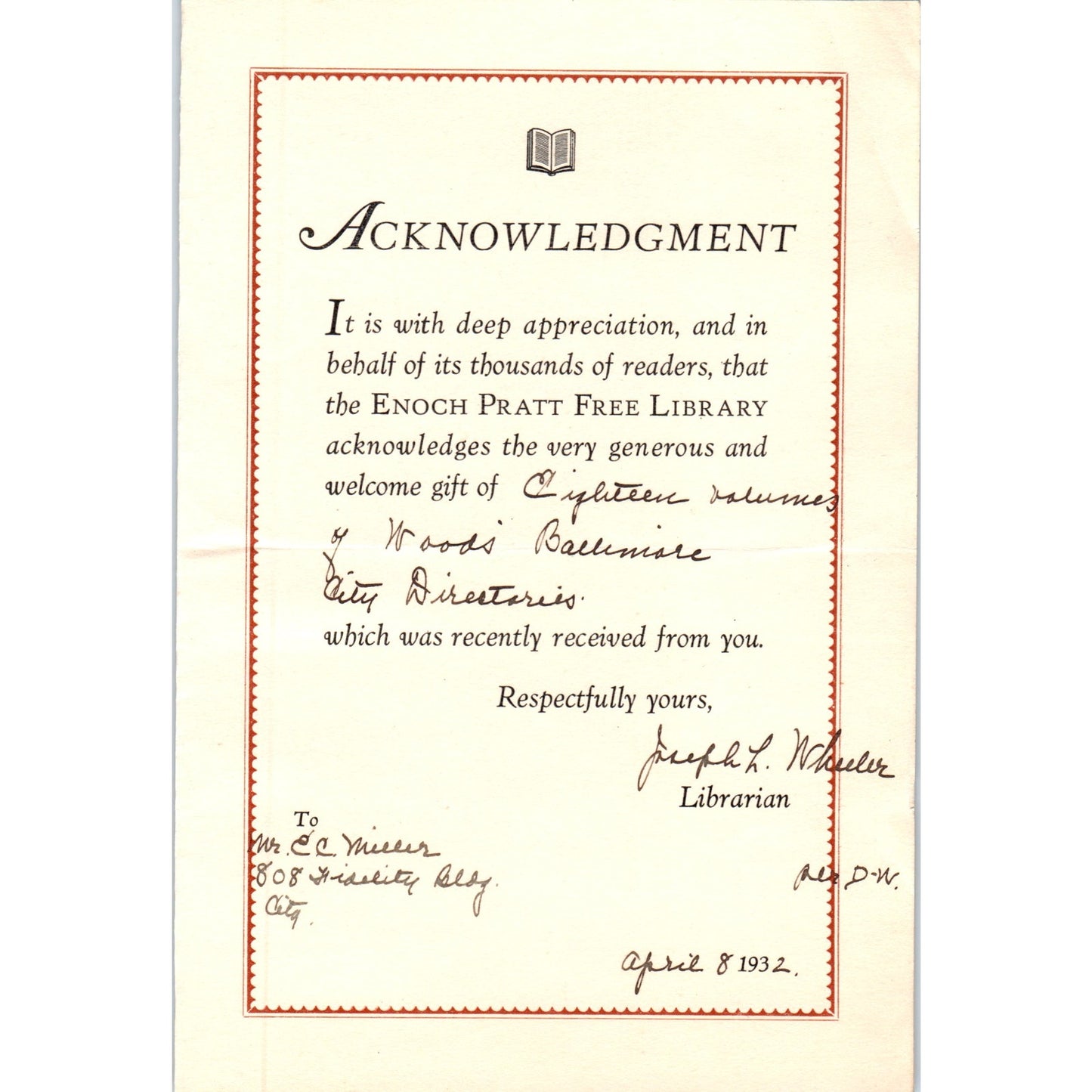 1932 Enoch Pratt Free Library Baltimore Acknowledgement Joseph L. Wheeler D21
