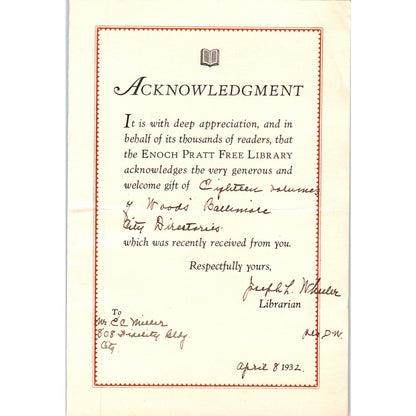 1932 Enoch Pratt Free Library Baltimore Acknowledgement Joseph L. Wheeler D21