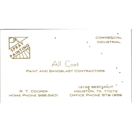 R.T. Cooper All Coat Paint & Sandblast Houston TX Vintage Business Card SD8-B4